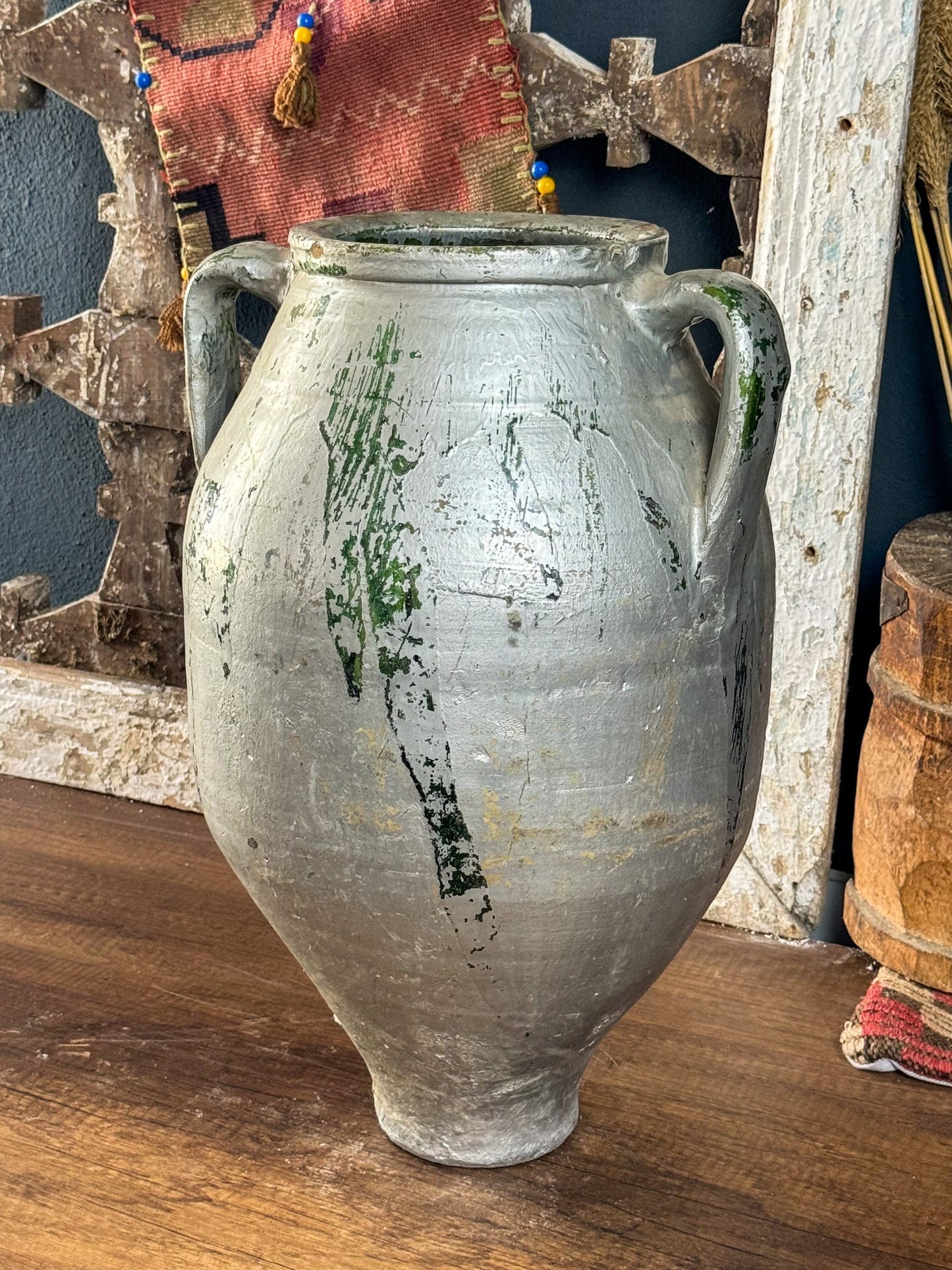 Silver Gray Glazed Handmade Large Vintage Turkish Terracotta Vase, Vintage Pottery Clay Flower Pot, Vintage Vase With Decorative Handle