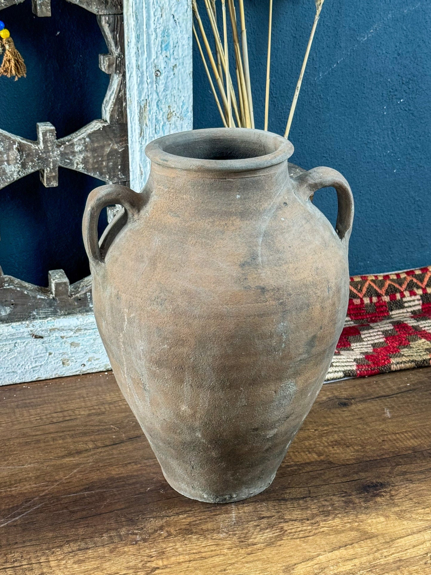 Vintage Turkish Terracotta Vase, Vintage Pottery Clay Flower Pot, Vintage Vase with Decorative Handle, Handmade Terracotta Vase