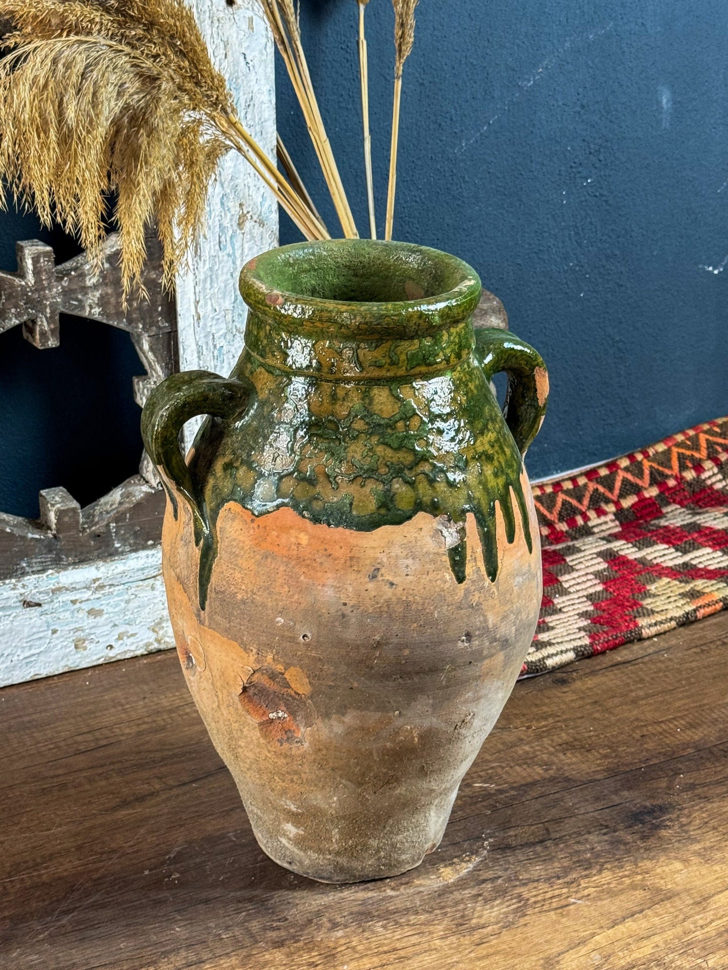 Vintage Terracotta Vase, Rustic Turkish Pottery, Primitive Jug, Decorative Old Vessel, Wabi Sabi Pottery, Green Glazed Vase, Pottery Art