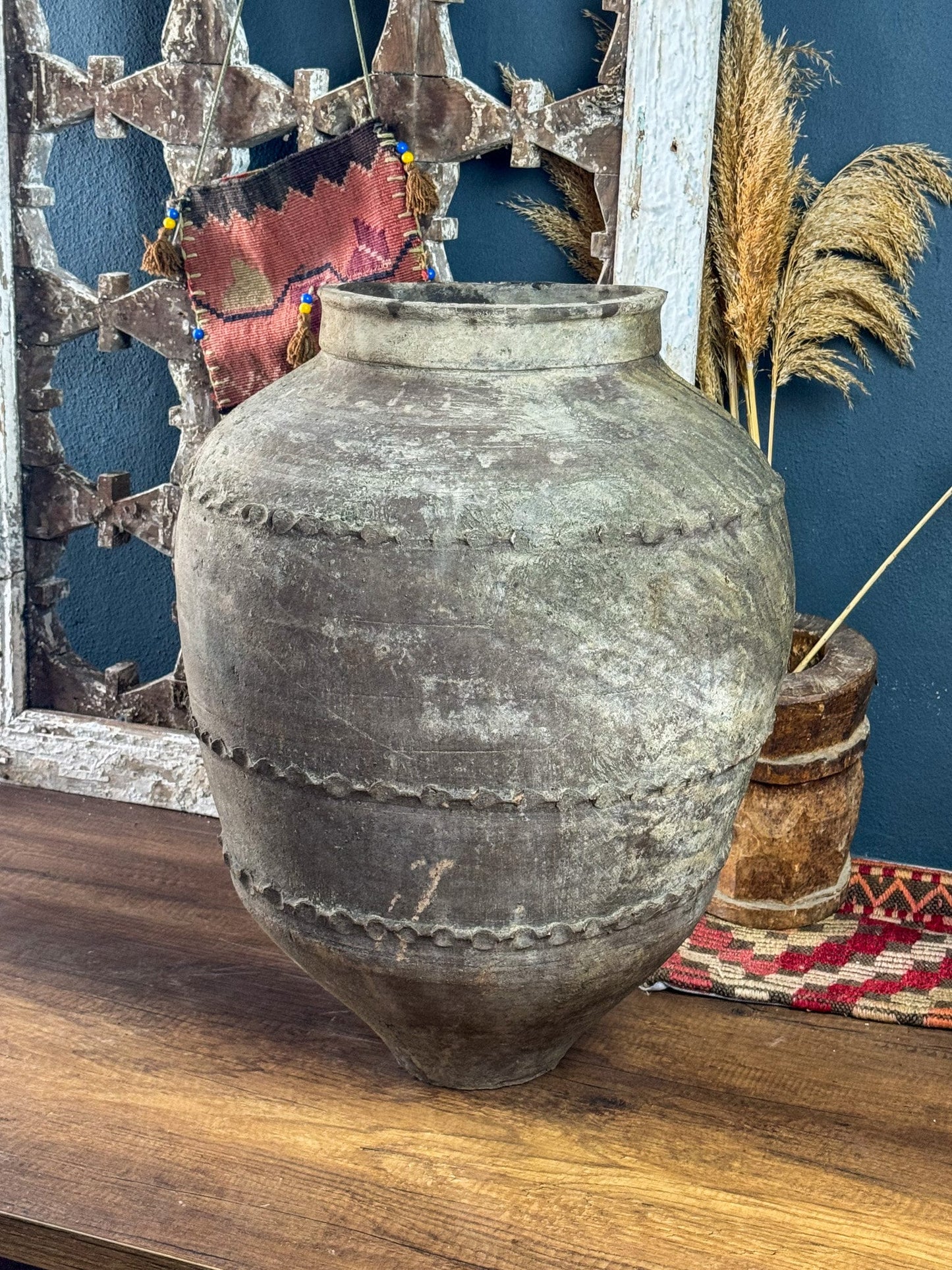 Vintage Gray Self-Patterned Vase, Terracotta Flower Pot, Wabi Sabi Vase, Primitive Jug, Rustic Pottery, Vintage Vase, Home Decor Gift