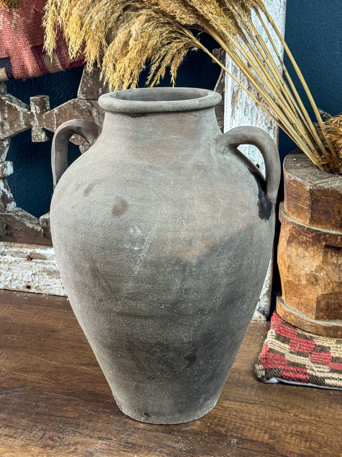 Vintage Turkish Terracotta Vase, Clay Flower Pot, Decorative Vintage Vase, Handmade Terracotta Gray Vase, Vase with Handle
