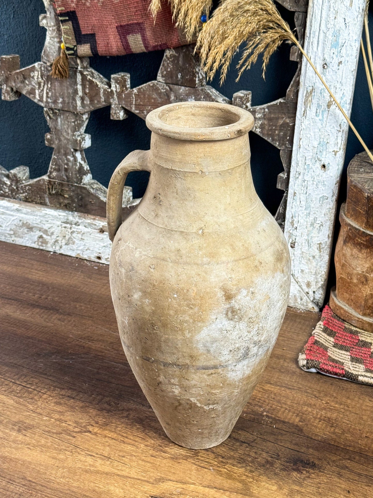 Turkish Terracotta Vintage Handmade Vase, Primitive Pottery Clay Flower Pot, Vintage Decorative Single Handled Clay Vase, Antique Vase, Vase