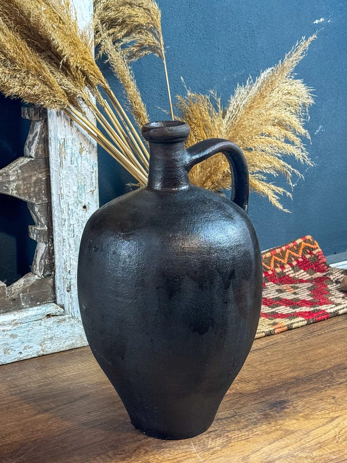 White Glazed Handmade Large Vintage Turkish Terracotta Vase, Vintage Pottery Clay Flower Pot, Vintage Vase With Decorative Handle