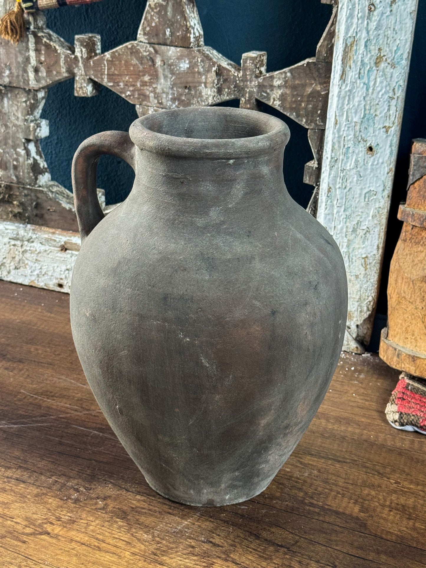 Vintage Turkish Terracotta Vase, Vintage Pottery Clay Flower Pot, Vintage Vase With Decorative Handle, Handmade Terracotta Gray Vase