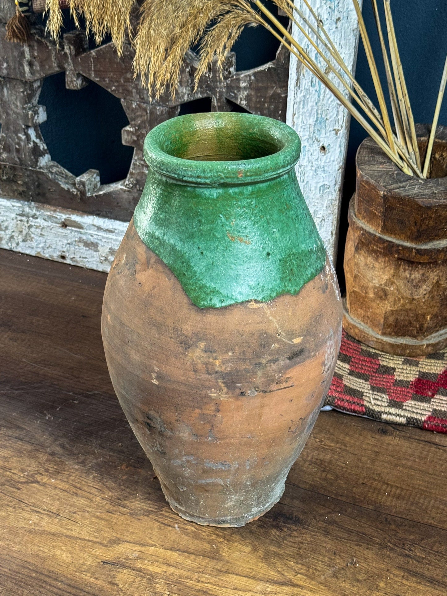 Vintage Terracotta Vase, Rustic Turkish Pottery, Primitive Jug, Decorative Old Vessel, Wabi Sabi Pottery, Green Glazed Vase, Pottery