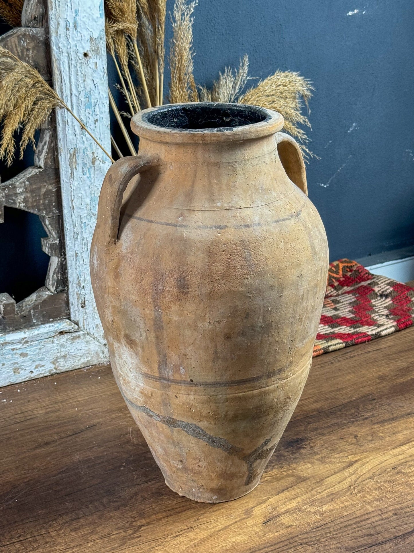 Terracotta Handmade Turkish Vintage Vase, Vintage Pottery Clay Flower Pot, Vintage Decorative Double Handled Vase, Brown Antique Vase