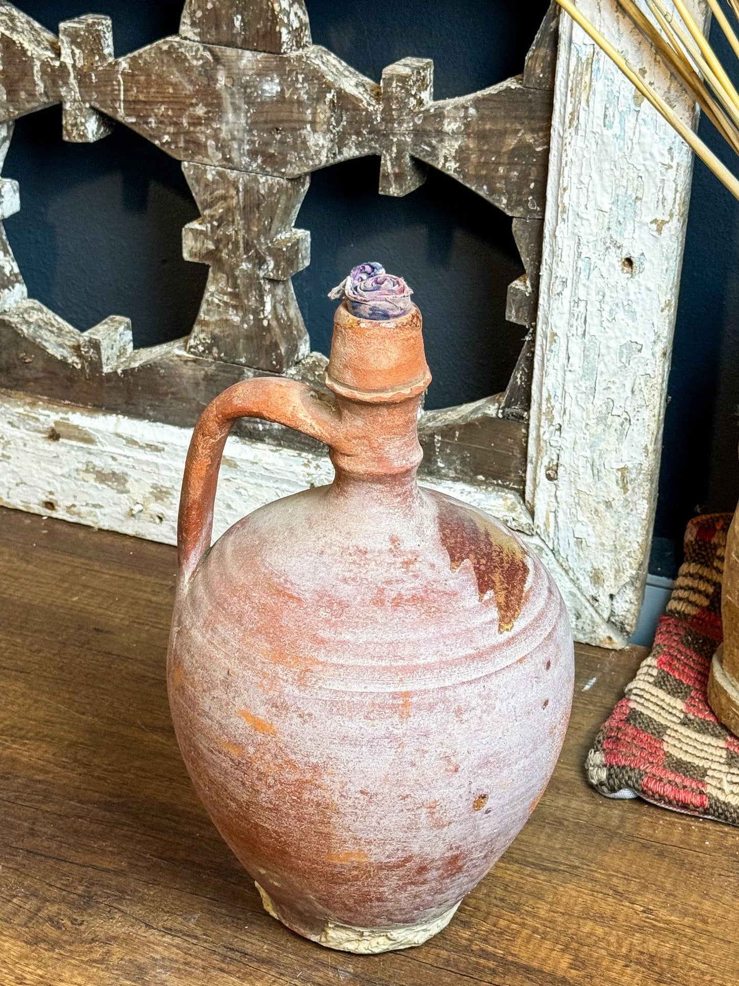 Vintage Turkish Terracotta Vase, Vintage Pottery Clay Flower Pot, Vintage Vase, Handmade Terracotta Gray Vase, Decorative Pitcher