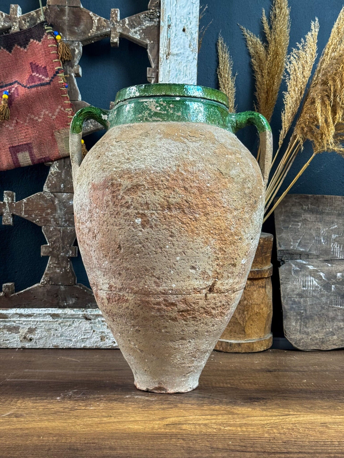 Vintage Terracotta Vase, Rustic Turkish Pottery, Primitive Jug, Old Vessel, Brown Flower Pot, Wabi Sabi Pottery, Green Glazed Vase