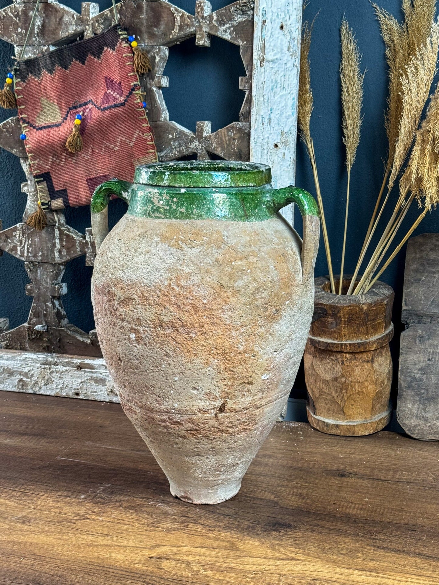 Vintage Terracotta Vase, Rustic Turkish Pottery, Primitive Jug, Old Vessel, Brown Flower Pot, Wabi Sabi Pottery, Green Glazed Vase