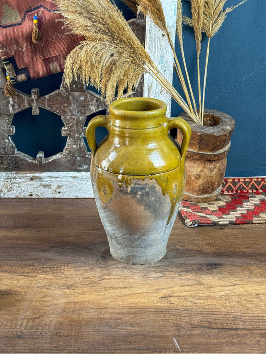 Vintage Terracotta Vase, Rustic Turkish Pottery, Primitive Jug, Decorative Old Vessel, Wabi Sabi Pottery, Yellow Glazed Vase, Pottery