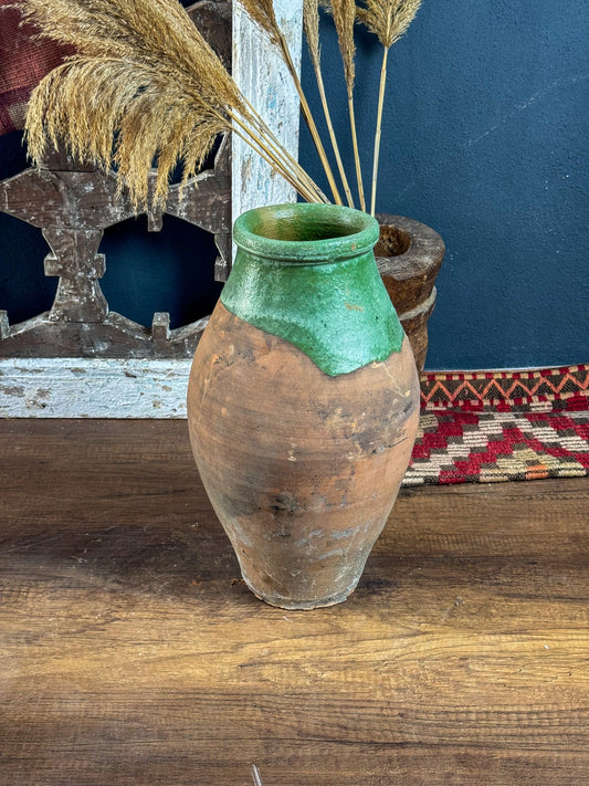 Vintage Terracotta Vase, Rustic Turkish Pottery, Primitive Jug, Decorative Old Vessel, Wabi Sabi Pottery, Green Glazed Vase, Pottery