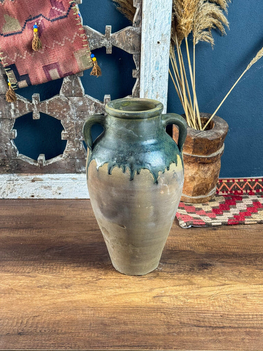 Vintage Terracotta Gray Vase, Rustic Turkish Potter, Primitive Jug, Decorative Old Vessel, Wabi Sabi Pottery, Green Glazed Vase, Pottery Art