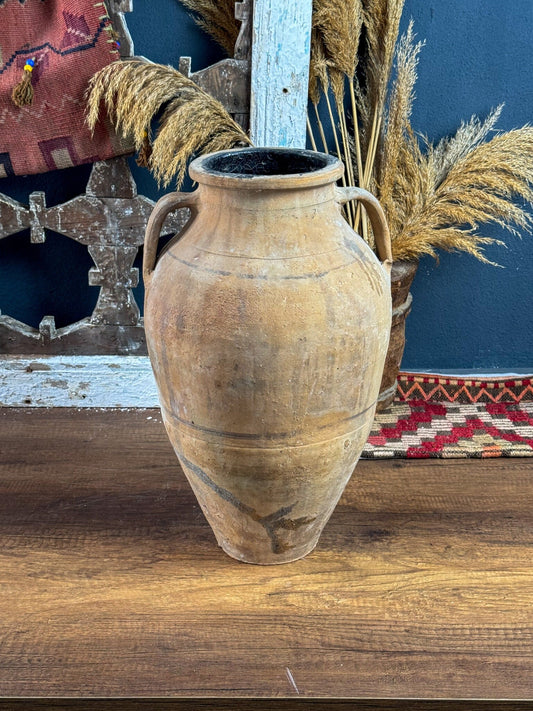 Terracotta Handmade Turkish Vintage Vase, Vintage Pottery Clay Flower Pot, Vintage Decorative Double Handled Vase, Brown Antique Vase