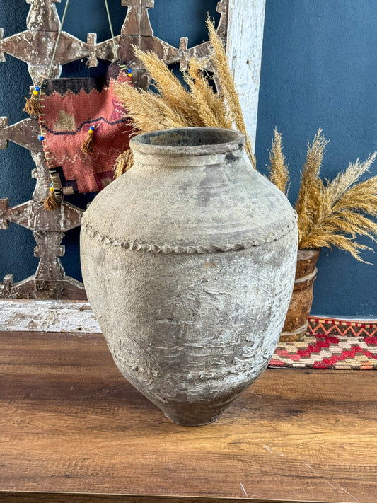 Vintage Gray Self Patterned Terracotta Vase, Clay Flowerpot, Rustic Pottery Vase, Antiqued Earthenware Vase, Home Decoration Gift