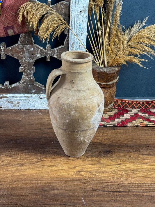 Turkish Terracotta Vintage Handmade Vase, Primitive Pottery Clay Flower Pot, Vintage Decorative Single Handled Clay Vase, Antique Vase, Vase