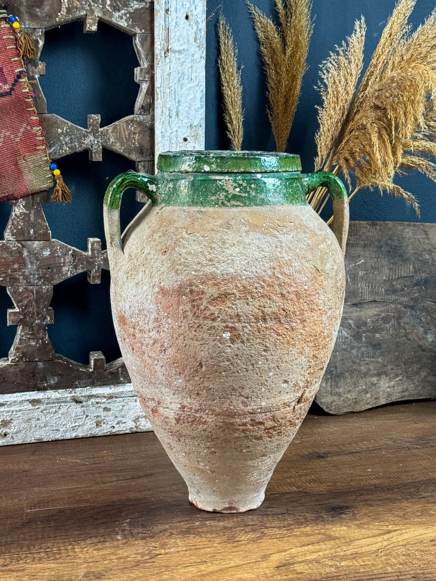 Vintage Terracotta Vase, Rustic Turkish Pottery, Primitive Jug, Old Vessel, Brown Flower Pot, Wabi Sabi Pottery, Green Glazed Vase