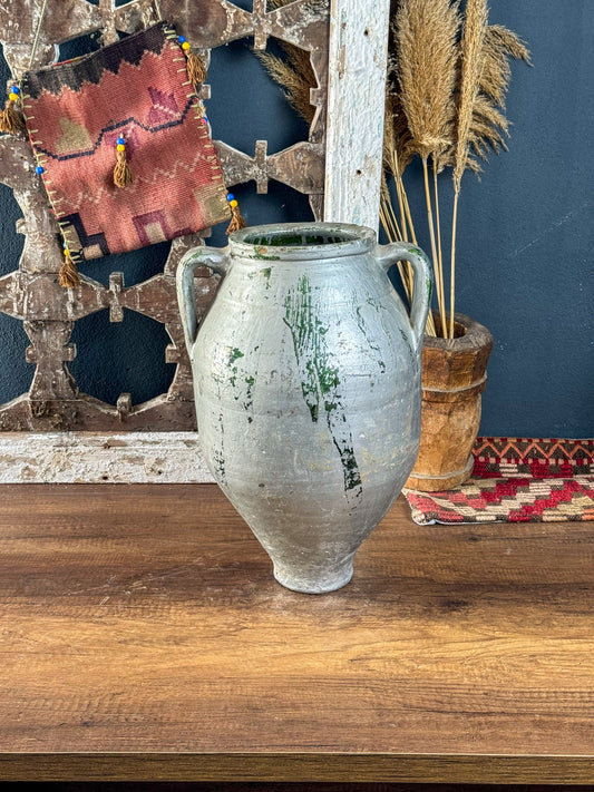 Silver Gray Glazed Handmade Large Vintage Turkish Terracotta Vase, Vintage Pottery Clay Flower Pot, Vintage Vase With Decorative Handle