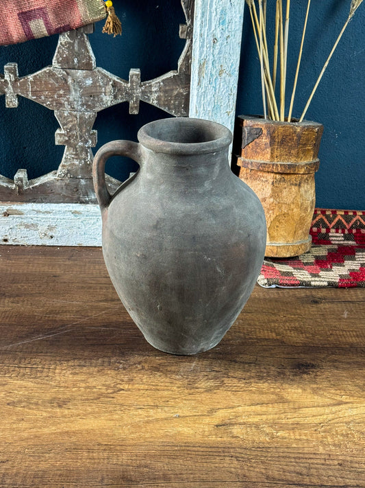 Vintage Turkish Terracotta Vase, Vintage Pottery Clay Flower Pot, Vintage Vase With Decorative Handle, Handmade Terracotta Gray Vase