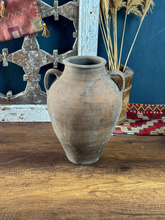 Vintage Turkish Terracotta Vase, Vintage Pottery Clay Flower Pot, Vintage Vase with Decorative Handle, Handmade Terracotta Vase