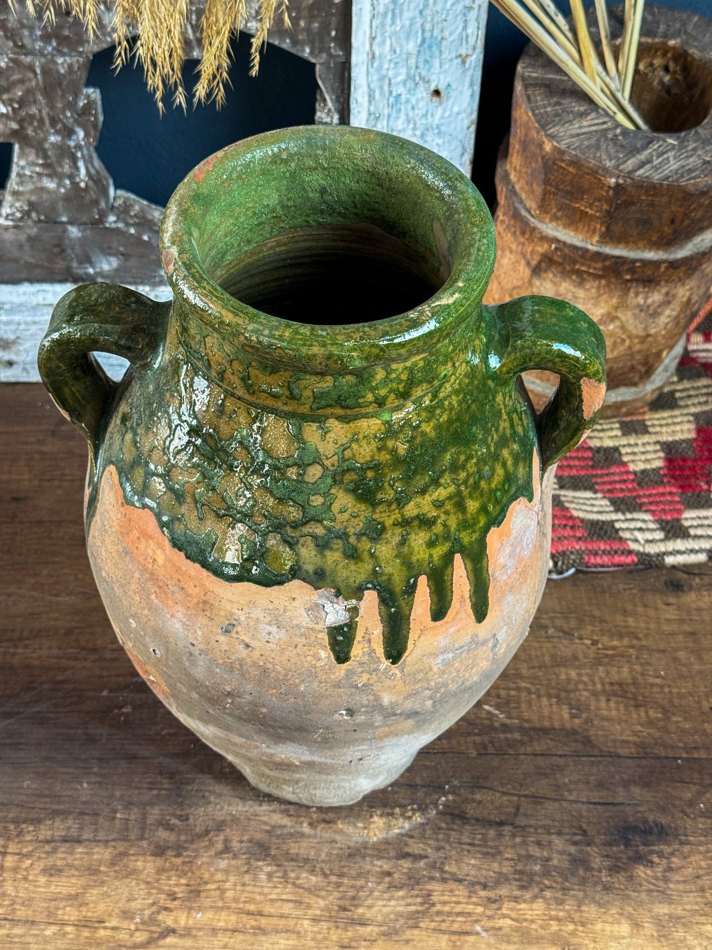 Vintage Terracotta Vase, Rustic Turkish Pottery, Primitive Jug, Decorative Old Vessel, Wabi Sabi Pottery, Green Glazed Vase, Pottery Art