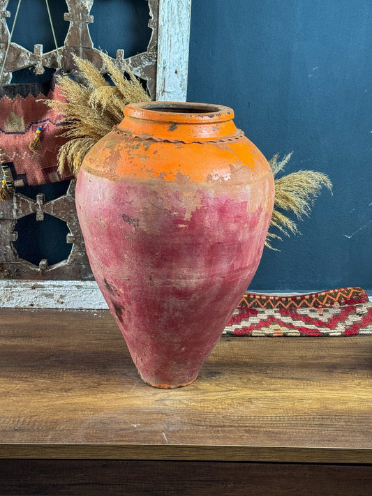 Vintage Turkish Terracotta Vase, Vintage Pottery Clay Flower Pot, Decorative Vintage Vase, Handmade Terracotta Colored Vase, Vase